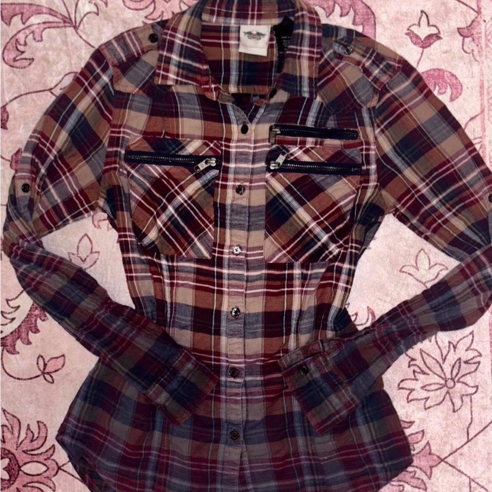Plaid Harley Davidson Button-Up Shirt with Zipper Pockets